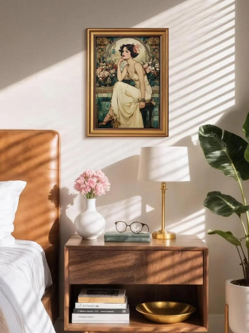 Vintage Floral Wall Art Print - 1920s Girl Painting in Gold Frame, Elegant Home
